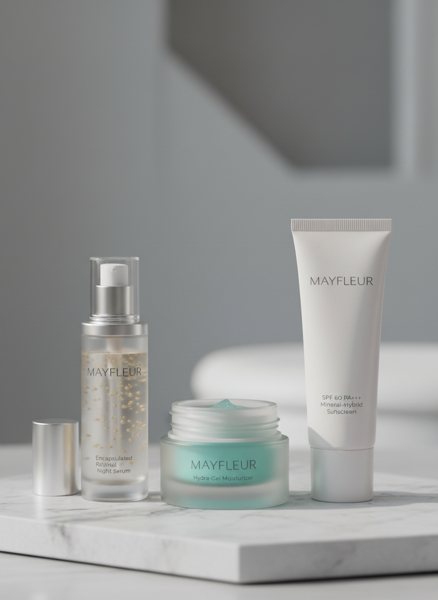 A luxurious trio of MAYFLEUR anti-ageing products arranged with precision on a clean, pale stone surface: a frosted glass Encapsulated Retinol Night Serum bottle with a matte silver pump, a low-profile Hydra-Gel Moisturizer jar with translucent aqua product visible through the side, and a sleek SPF 60 PA+++ Mineral-Hybrid Sunscreen tube in soft pearl white with understated typography. Behind them, a softly blurred background of cool grey and white suggests a modern dermatology clinic. Diffused daylight from the left creates gentle reflections on the glass and metal, highlighting textures without glare. Shot at eye level with shallow depth of field, photographic realism, the mood is clinical yet luxurious, conveying trust, efficacy, and professional skincare science.