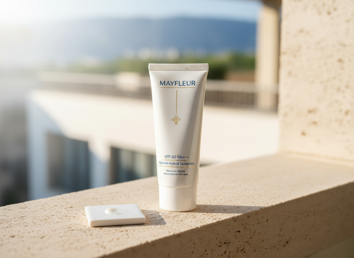 A sleek, photographic realism scene featuring the MAYFLEUR SPF 60 PA+++ Mineral-Hybrid Sunscreen tube standing upright on a warm, beige-toned stone ledge that evokes a sunlit balcony. Behind it, a softly blurred background shows abstract, bright shapes suggesting morning sky and architectural lines, without any human presence. Strong but diffused natural daylight from the right creates a gentle glow along the tube’s edges and a soft shadow on the stone, implying broad-spectrum protection. A subtle smear of the sunscreen, with a sheer, non-chalky finish, is visible on a small white tile in the foreground. Shot at a three-quarter angle using rule-of-thirds composition, the mood is optimistic, protective, and calm, ideal for communicating everyday photoprotection without heaviness.