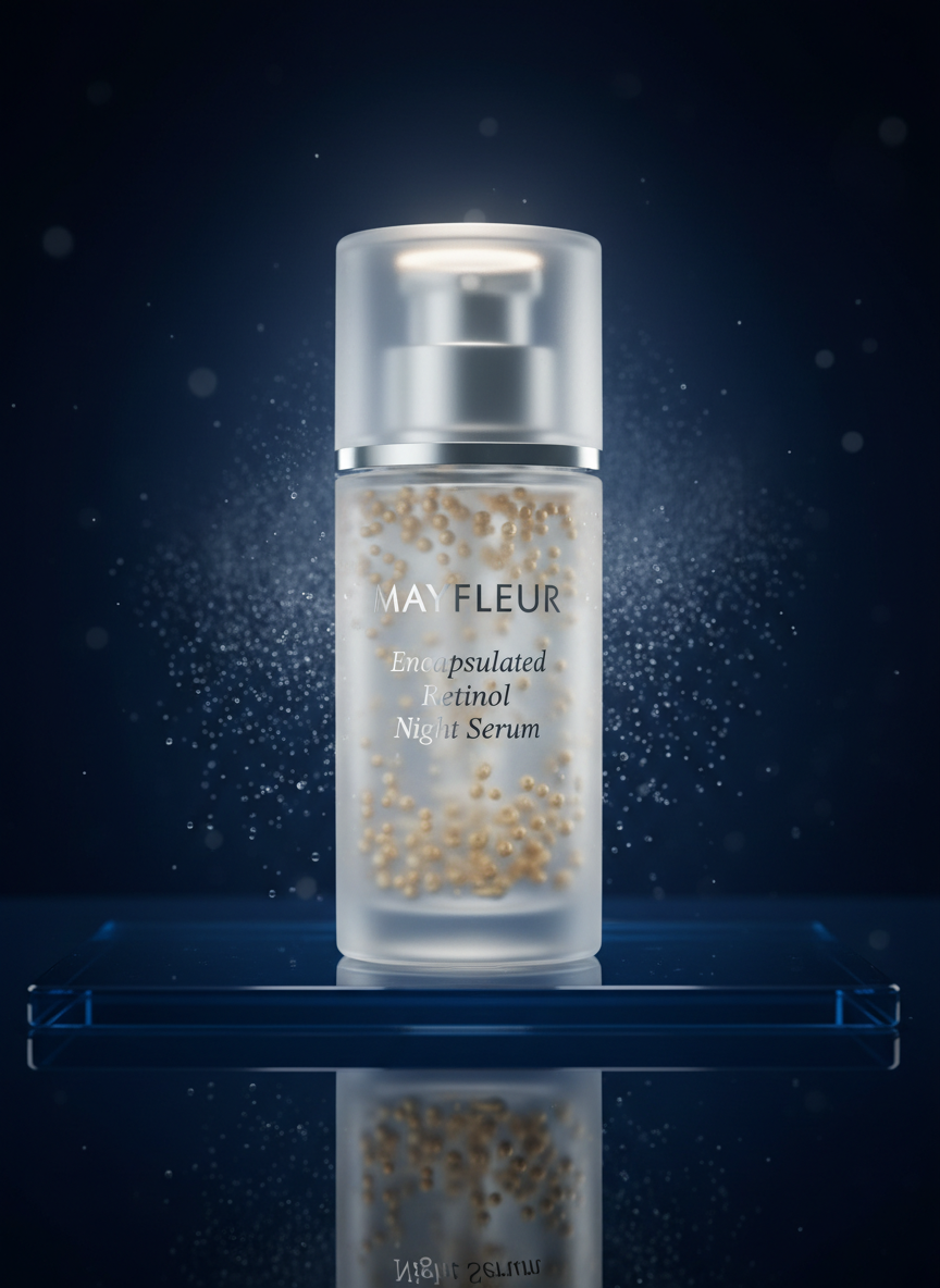 A close-up, photographic realism shot of the MAYFLEUR Encapsulated Retinol Night Serum bottle standing alone on a reflective, midnight-blue glass slab. The frosted glass bottle reveals tiny suspended encapsulated retinol spheres, glinting subtly as soft, directional studio lighting from above creates a halo-like glow around the product. The background fades into a deep navy gradient with a hint of bokeh, suggesting nighttime restoration. Fine mist particles are frozen in the air behind the bottle, evoking freshness and transformation. The composition is centered, with a low, slightly upward angle that gives the serum a hero-like presence. The atmosphere is sophisticated, scientific, and reassuring, ideal for communicating potent yet controlled night-time skin renewal.