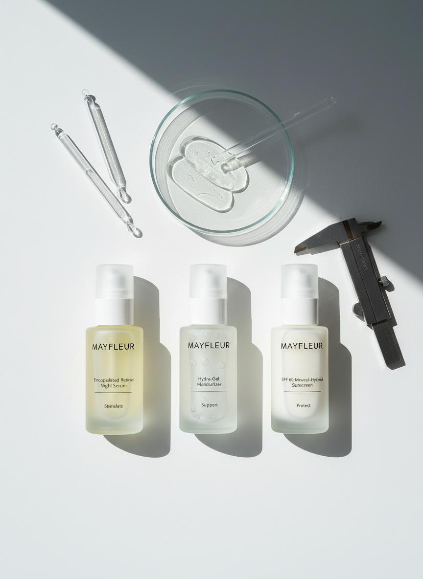 An overhead, photographic realism composition of the three-step MAYFLEUR routine laid out like a dermatology treatment plan on a matte white laboratory table. The Encapsulated Retinol Night Serum, Hydra-Gel Moisturizer, and SPF 60 Mineral-Hybrid Sunscreen are aligned horizontally with minimalist labels reading “Stimulate,” “Support,” and “Protect” in subtle lettering beneath each product. Around them, neatly arranged scientific props: a glass petri dish with clear gel texture, thin glass droppers with a single suspended droplet, and a stainless steel caliper imply precision. Soft, even daylight from a large unseen window creates minimal shadows and a clinically clean look. The mood is methodical, rational, and professional, emphasizing the system’s structured, dermatology-aligned philosophy.