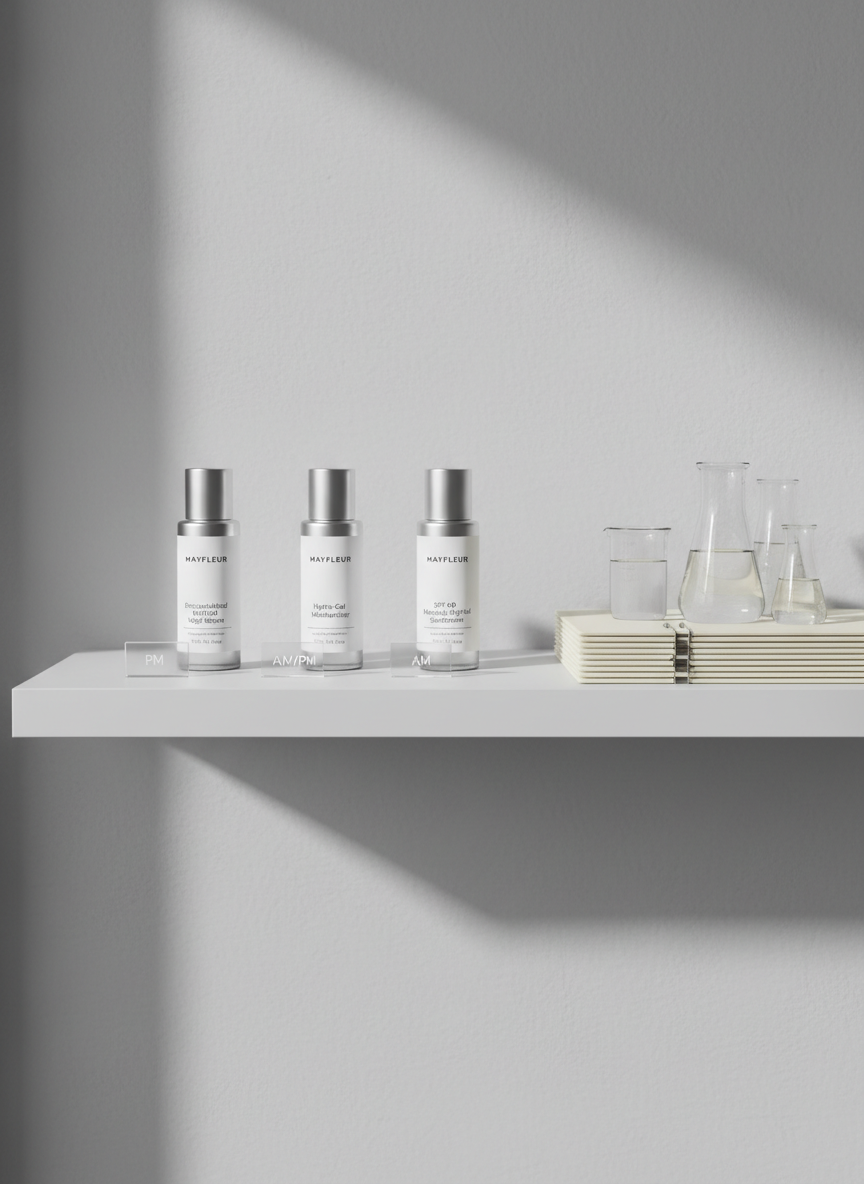 A high-end dermatology shelf scene in photographic realism, showing MAYFLEUR products integrated into a professional environment. On a floating, matte white shelf against a soft dove-grey wall, the Encapsulated Retinol Night Serum, Hydra-Gel Moisturizer, and SPF 60 Mineral-Hybrid Sunscreen are grouped beside neatly stacked, unbranded clinical files and clear glass beakers partially filled with water. Subtle embossed icons reading “PM,” “AM/PM,” and “AM” on small acrylic plaques sit before each product. Cool, overhead ambient lighting combines with gentle side light from an unseen window, creating soft, controlled shadows that emphasize clean lines. Shot at eye level with balanced composition, the atmosphere feels authoritative, calm, and reassuring, reinforcing the brand’s dermatology-aligned, professionally guided identity without showing any people.