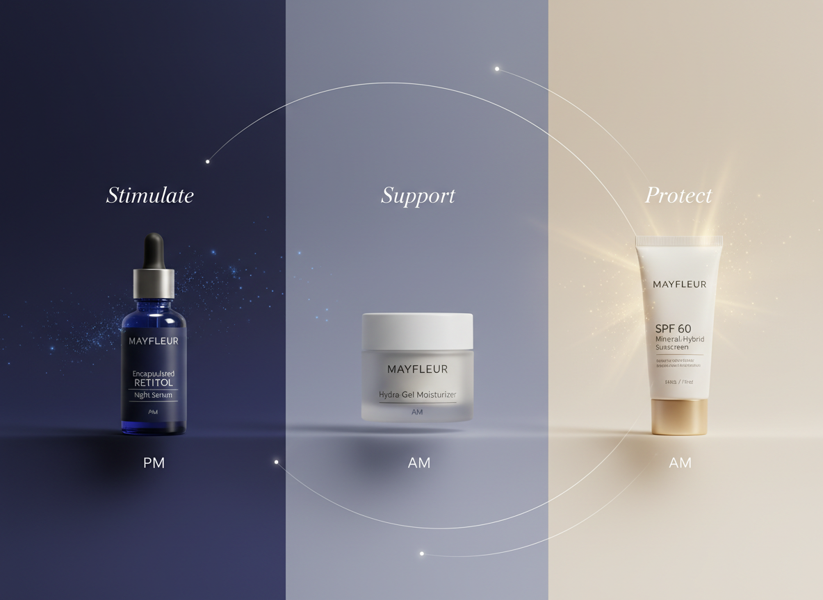 A cinematic, photographic realism split-scene concept illustrating the MAYFLEUR principle “Stimulate → Support → Protect.” On a seamless, matte background that transitions from deep indigo on the left to soft ivory on the right, the Encapsulated Retinol Night Serum stands in the indigo zone, the Hydra-Gel Moisturizer occupies the central gradient, and the SPF 60 Mineral-Hybrid Sunscreen stands in the ivory daylight zone. Lighting slowly shifts from cool, focused nighttime light on the serum, to neutral, even light on the moisturizer, to warmer, morning-toned light on the sunscreen. Fine, abstract lines arc gently from left to right, suggesting a 24-hour skin cycle. Shot straight-on with all products in sharp focus, the mood is intelligent, orderly, and educational, perfect for explaining the system’s AM/PM logic.